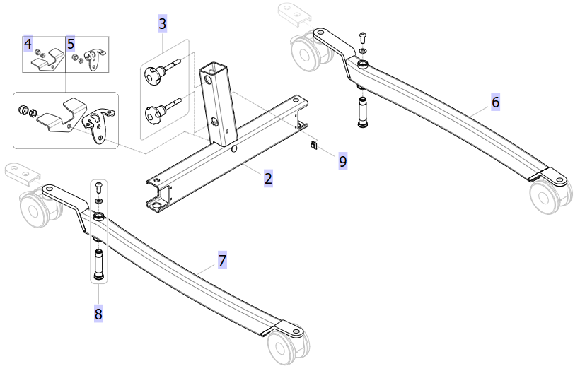 Base and legs fully assembled with 100mm castors, ISA STANDARD elec.