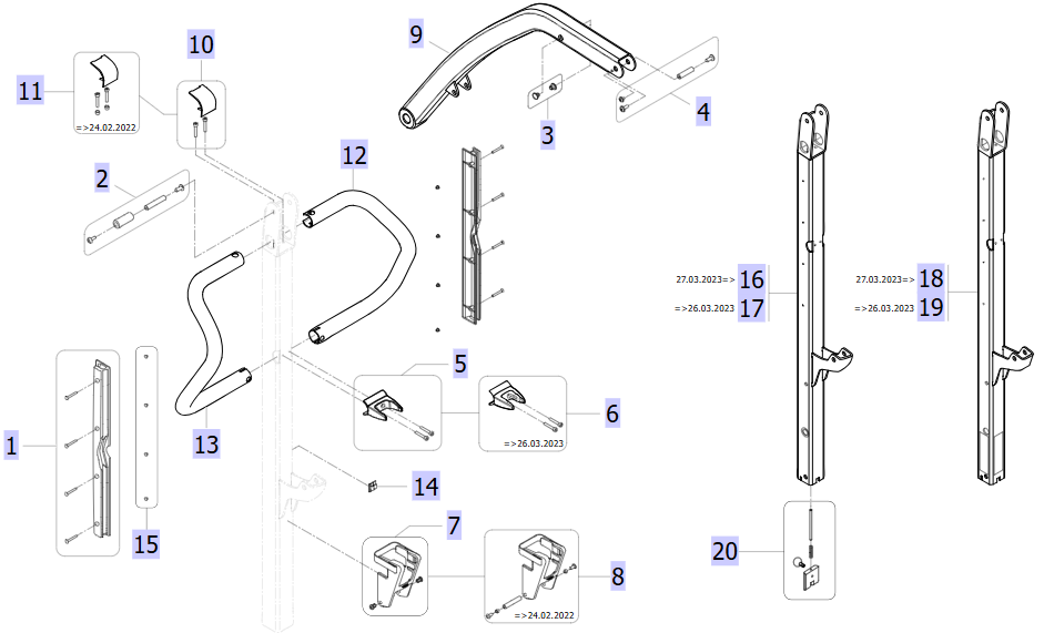 Birdie Evo Compact mast and boom foldable or fixed exploded diagram