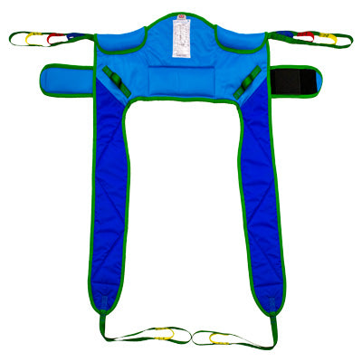 A blue and green harness featuring a sturdy strap, designed for comfort and security.