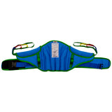 A blue and green stand aid sling featuring two sturdy handles for enhanced control and support.