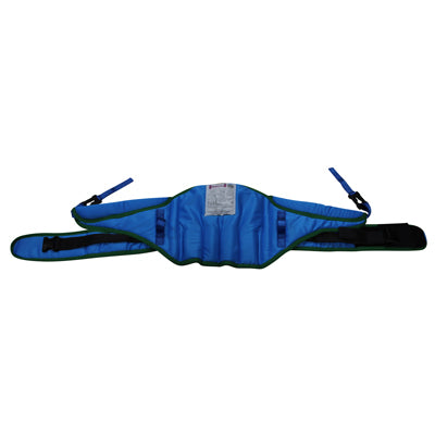 A blue and green stand aid sling featuring two sturdy handles for enhanced control and support.