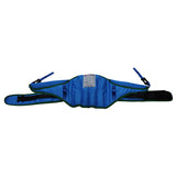 A blue and green stand aid sling featuring two sturdy handles for enhanced control and support.