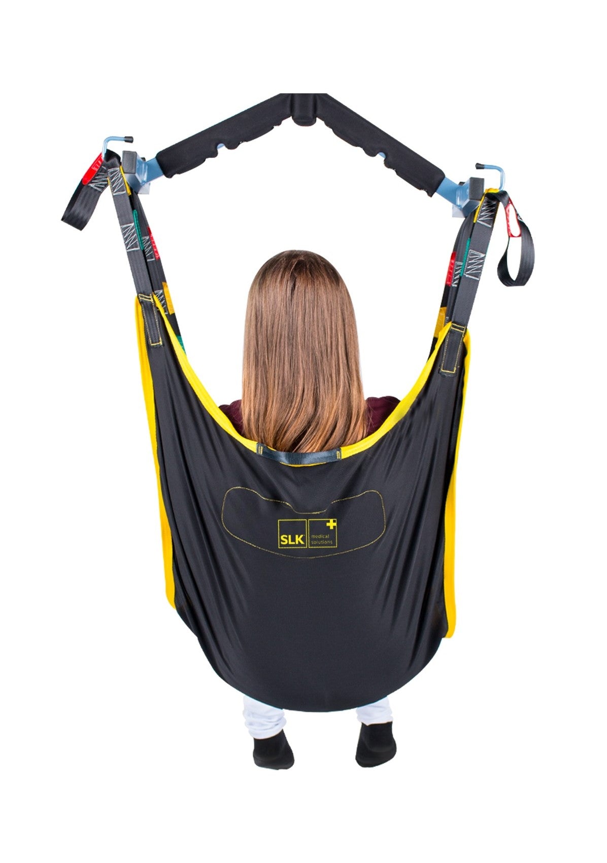 Back view of Hammock Sling mounted on a twin spreader-bar, highlighting leg strap orientation and loop colours.