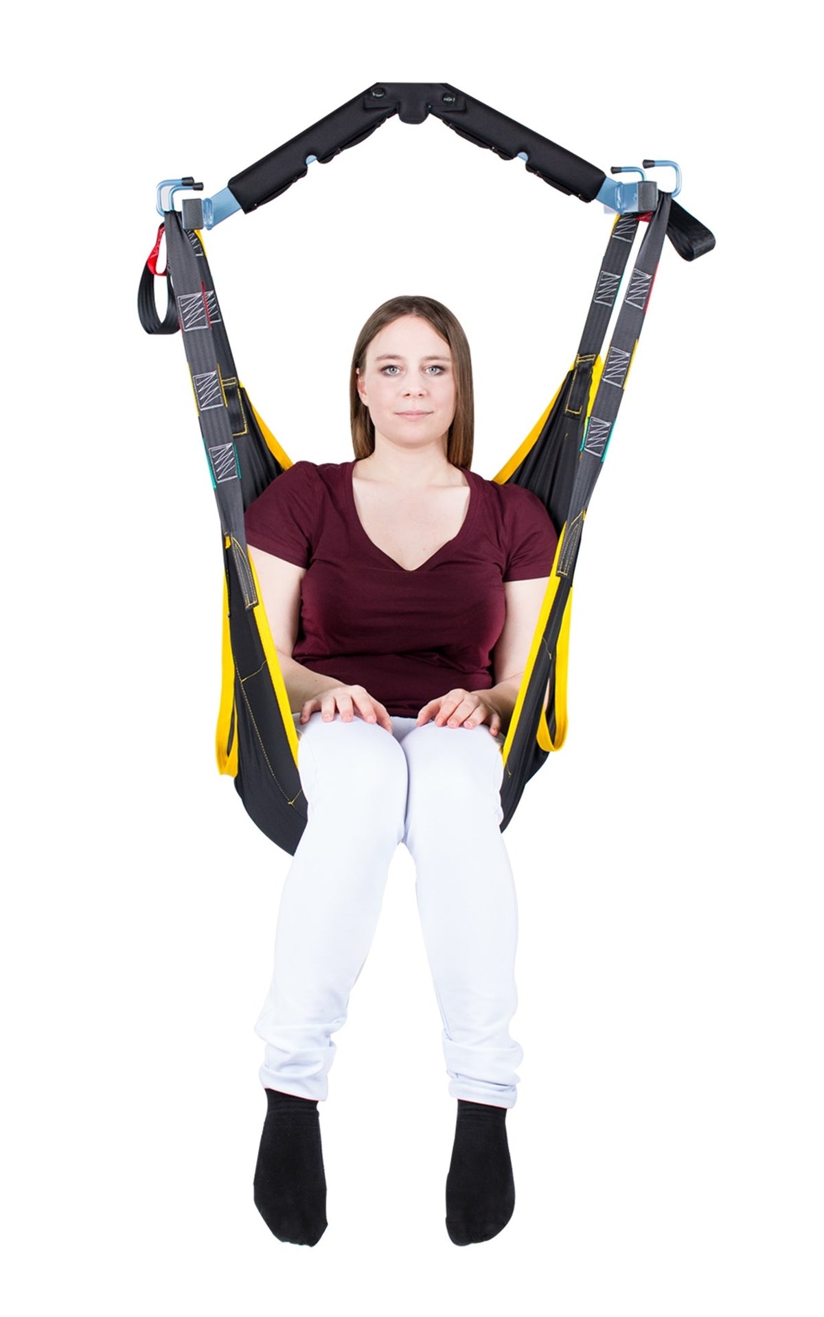 Wellell Hammock Universal Sling flat-front view showing color-coded loops and hammock-style single-piece cut.