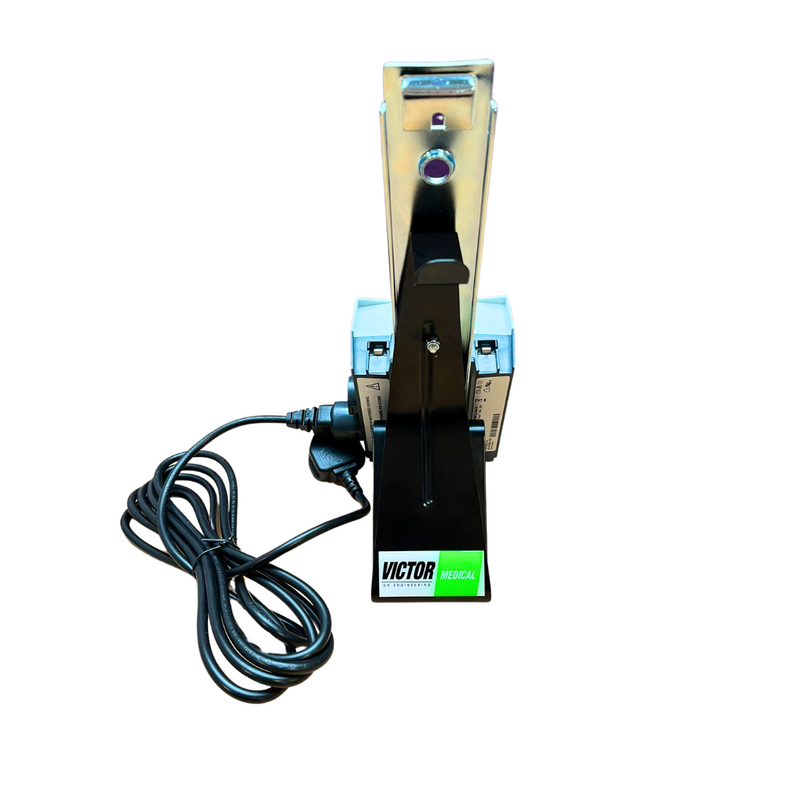 Hoist Battery Charger and Stand. Featuring the Victor Medical UK Logo. Compatible with Linak, Oxford,and  Invacare Birdie Hoist and Stand Aid Batteries.