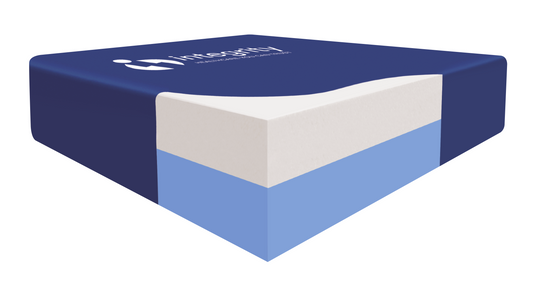 Integrity Korat Eco visco cushion with multi-stretch, vapour-permeable cover, showcasing its 43 × 43 × 7.5 cm dimensions and non-slip base.