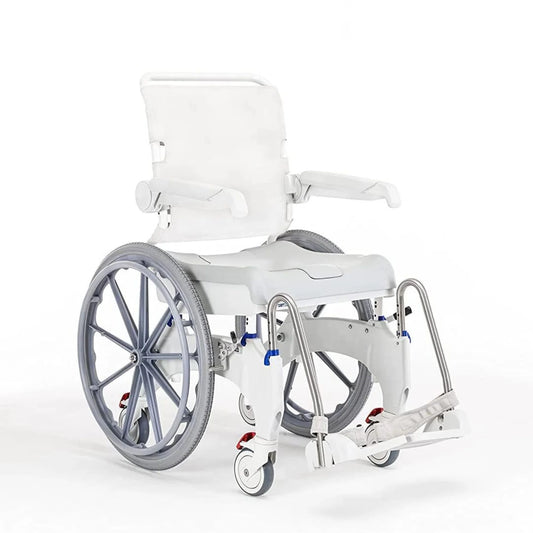 Invacare Aquatec Ocean Ergo XL Self-Propelled Shower Commode with ergonomic seat and 24-inch self-propelling wheels.