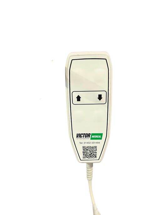 Universal 2-button hoist handset compatible with LINAK control boxes and 5-pin DIN systems.