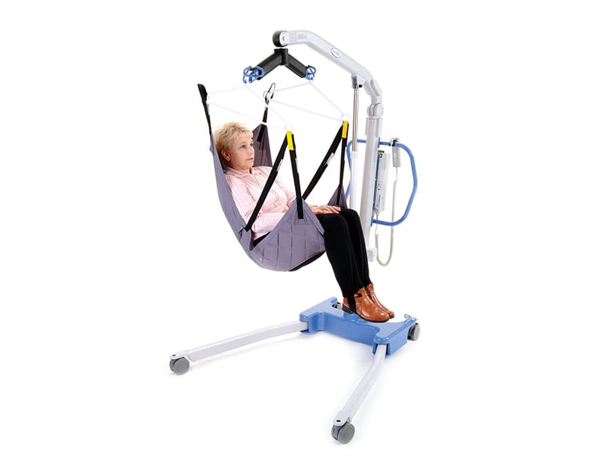 Oxford Long Seat Sling fitted on hoist, supporting user’s legs and thighs comfortably during seated transfer.
