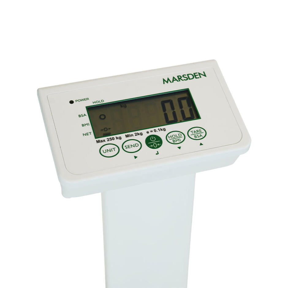 Digital scale with a white display and green buttons on a white background
