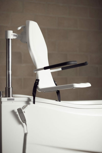 Astor Compact Plus assisted bath with tilt and spa options. Seat raised.