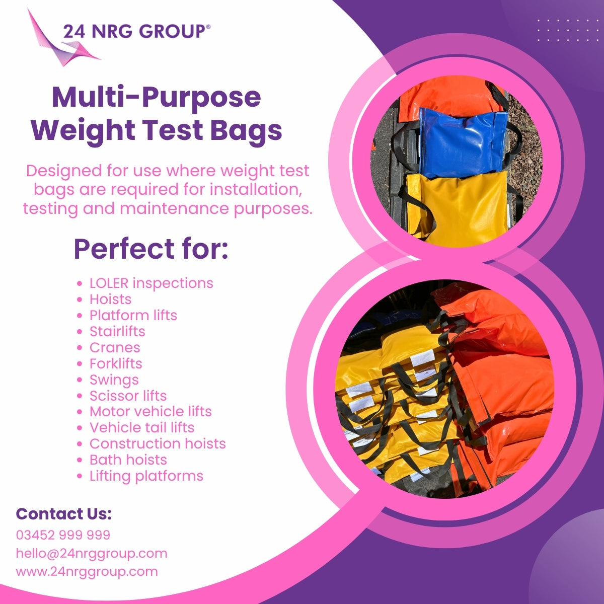 Image promoting NRG Group's Multi-Purpose Weight Test Bags. Displays various colourful weight bags on a concrete surface, detailing their uses such as load testing for hoists and lifts. Contact information and a list of suitable applications like elevator and crane testing are also included.