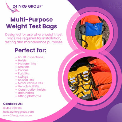 Image promoting NRG Group's Multi-Purpose Weight Test Bags. Displays various colourful weight bags on a concrete surface, detailing their uses such as load testing for hoists and lifts. Contact information and a list of suitable applications like elevator and crane testing are also included.