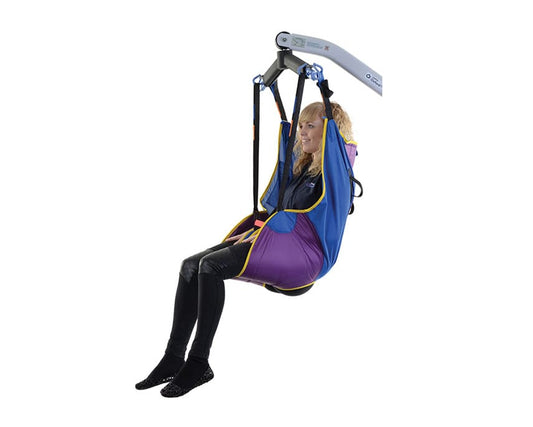Oxford MultiFit Sling laid flat with deluxe paddle-style leg sections and loop attachments in use with a hoist.