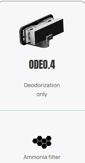 A photo of the Odeo 2 Upperviolet unit describing the deodorization and ammonia filter.