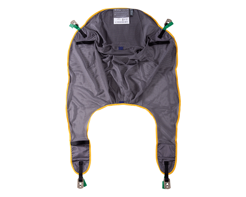 Oxford Comfort Sling laid flat in net, showing contoured design, padded leg sections, and Securi3 clip fittings.