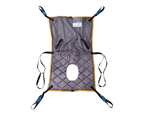 Oxford Long Seat Sling with commode and side apertures laid flat, showing hammock-design with thigh support and attachment loops.