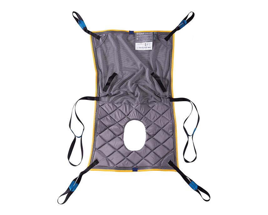 Oxford Long Seat Sling with commode and side apertures laid flat, showing hammock-design with thigh support and attachment loops.