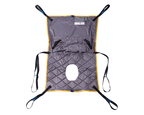 Oxford Long Seat Sling with commode apertures laid flat, showing hammock-design with thigh support and attachment loops.