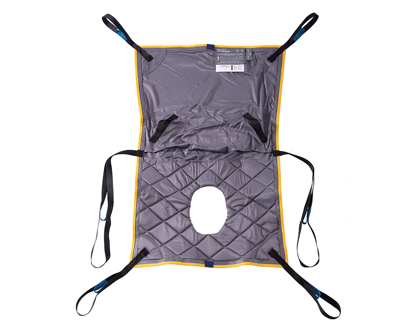 Oxford Long Seat Sling with commode apertures laid flat, showing hammock-design with thigh support and attachment loops.