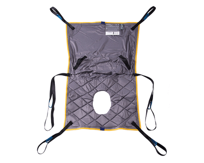 Oxford Long Seat Sling with commode apertures laid flat, showing hammock-design with thigh support and attachment loops.