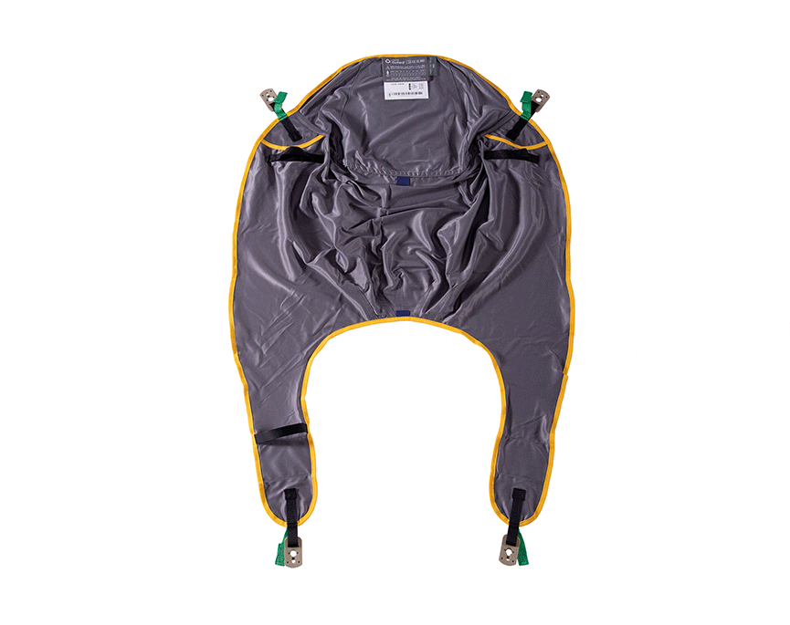 Oxford Comfort Sling laid flat in polyester, showing contoured design, padded leg sections, and Securi3 clip fittings.