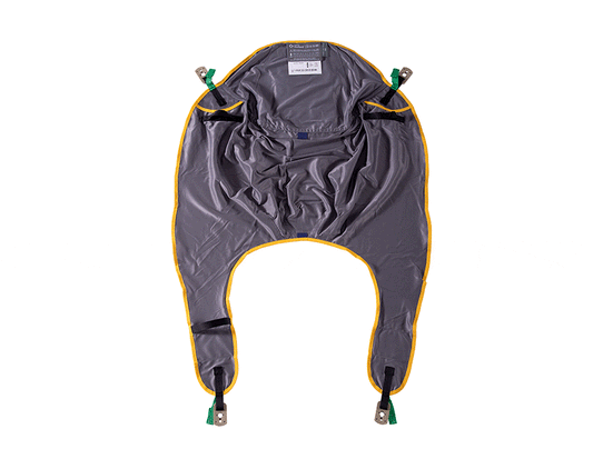 Oxford Comfort Sling laid flat in polyester, showing contoured design, padded leg sections, and Securi3 clip fittings.
