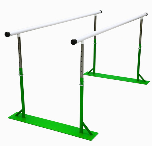 Victor Medical adjustable parallel bars for physiotherapy and rehabilitation, green base with white handrails, 2.4m model