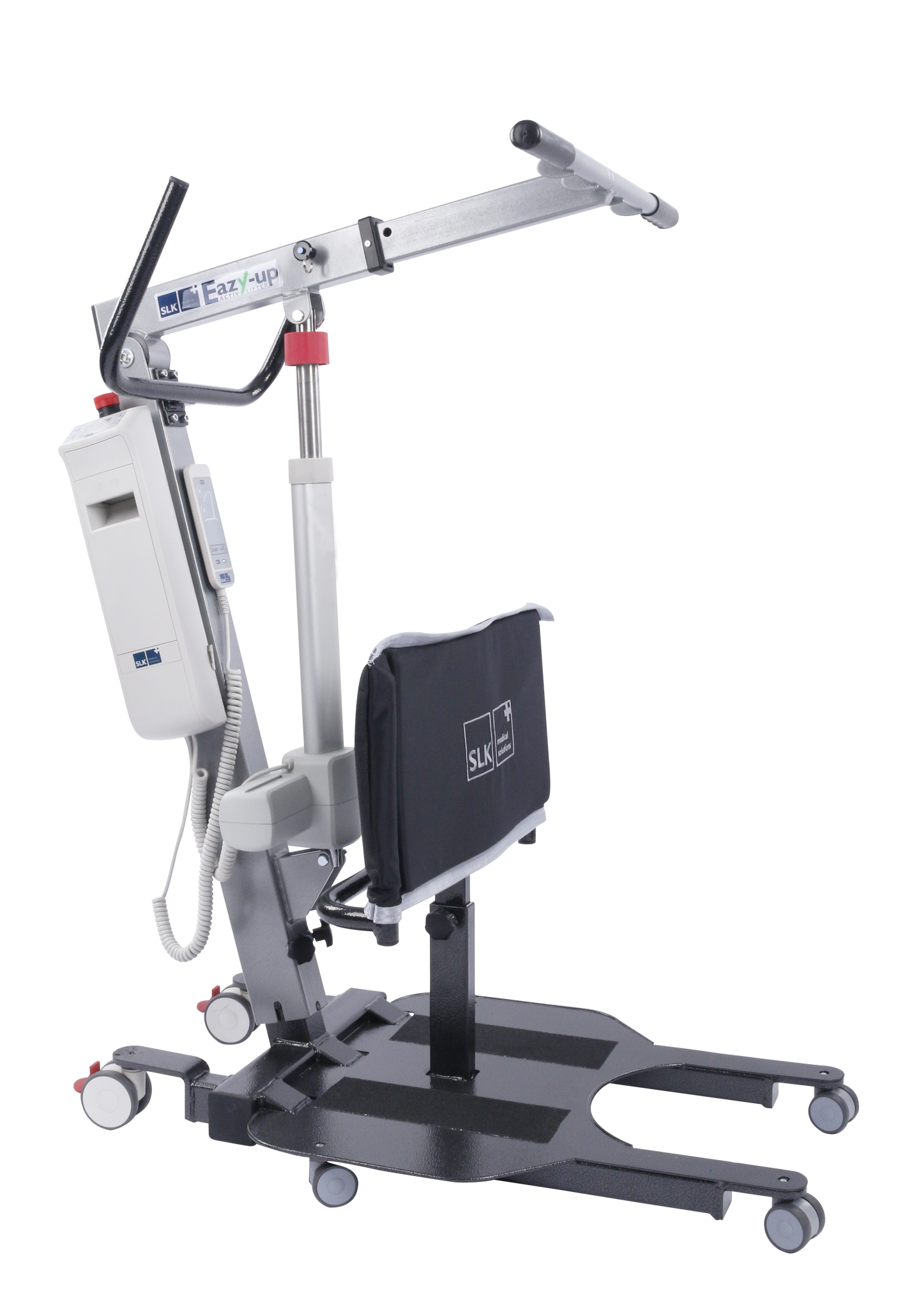 Side view of Wellell Eazy Up Stand Aid Hoist with low chassis under chair