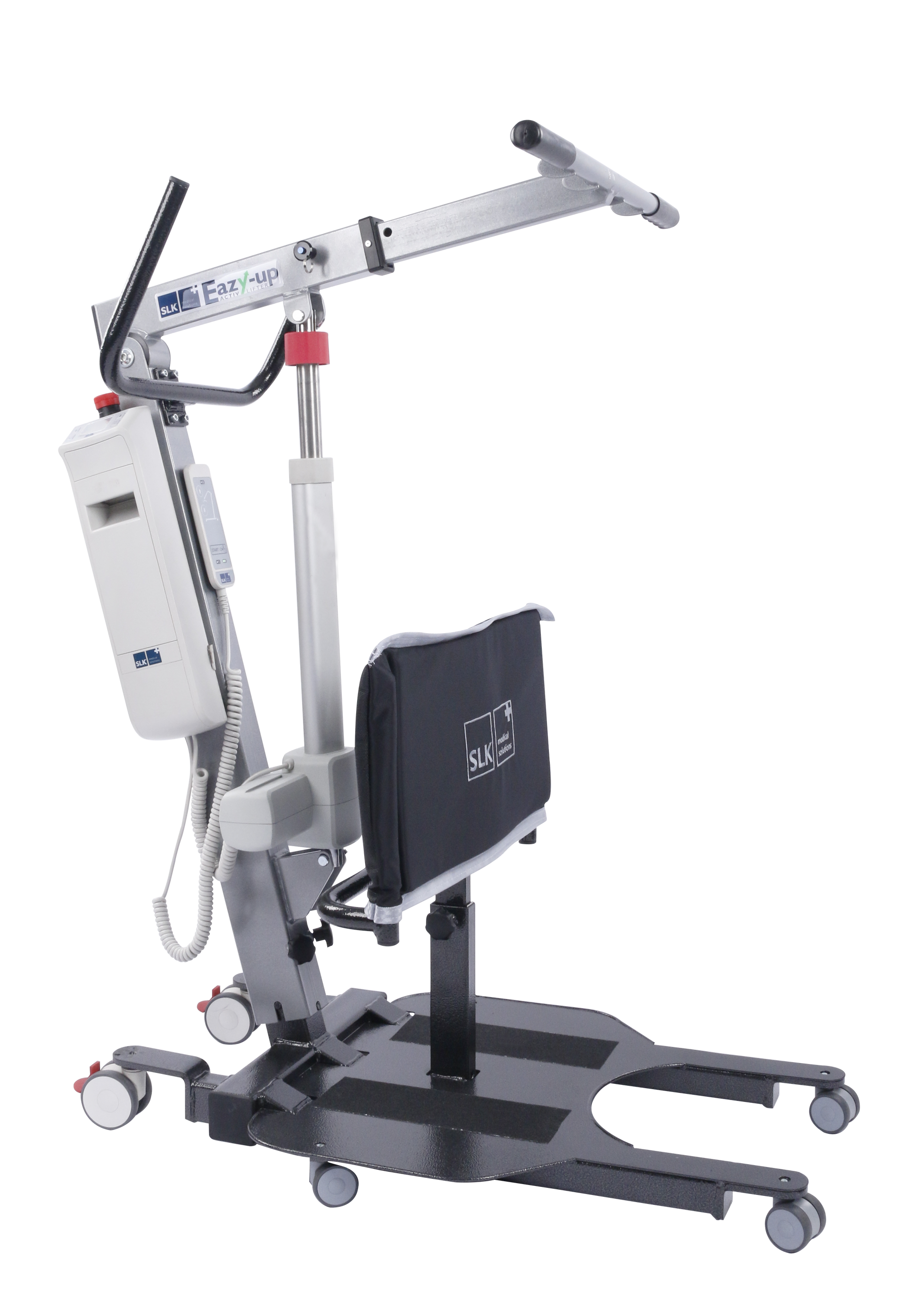 Side view of Wellell Eazy Up Stand Aid Hoist with low chassis under chair