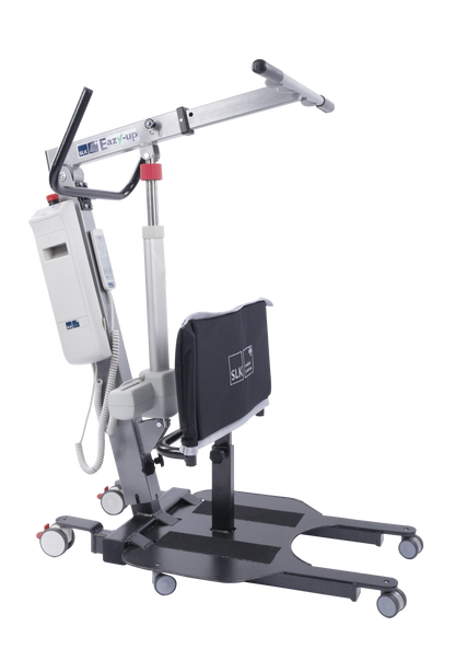 Side view of Wellell Eazy Up Stand Aid Hoist with low chassis under chair