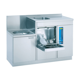 Meiko SAN 14B washer-disinfector with work surface and cabinet for barrier wall