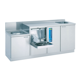 Meiko SAN 19B washer-disinfector with barrier wall mount, slop sink, and extended worktop