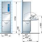 Meiko TopLine 20 under-counter washer-disinfector for compact installations. Showing dimensions.