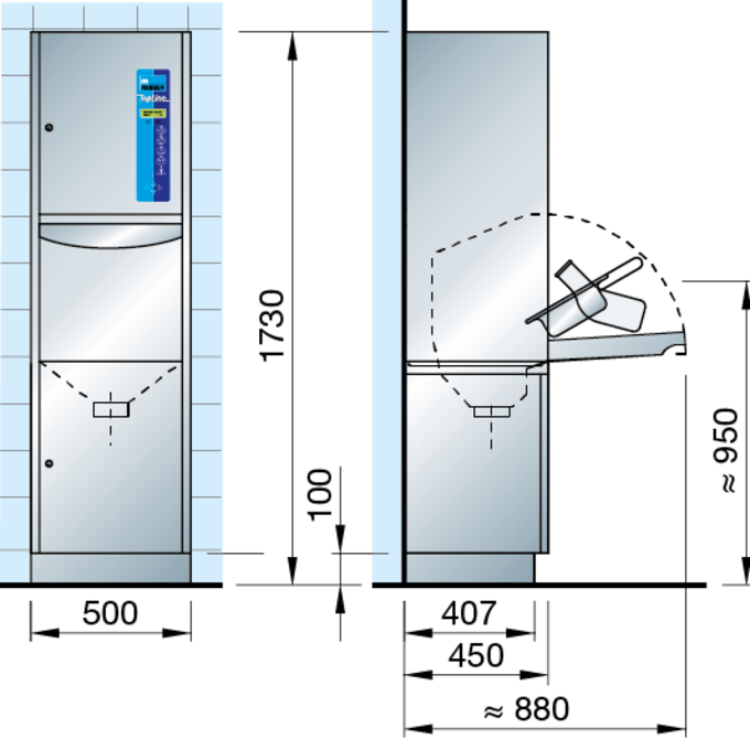 Meiko TopLine 20 under-counter washer-disinfector for compact installations. Showing dimensions.