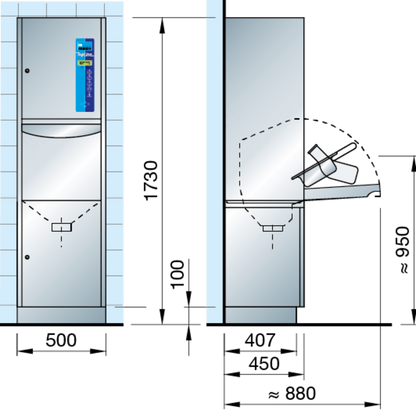 Meiko TopLine 20 under-counter washer-disinfector for compact installations. Showing dimensions.