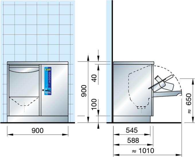 Meiko TopLine 40 freestanding washer-disinfector with built-in slop sink. Dimensions of the machine.