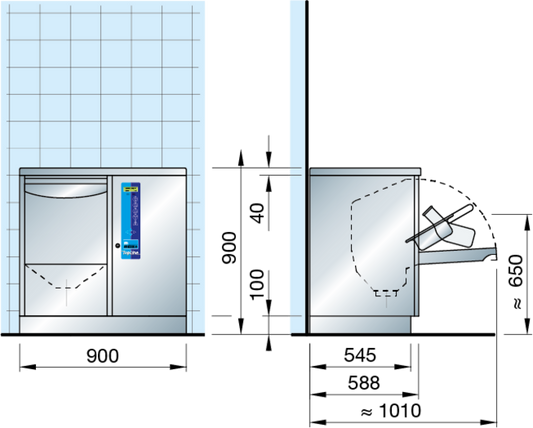 Meiko TopLine 40 freestanding washer-disinfector with built-in slop sink. Dimensions of the machine.