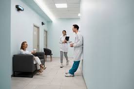 Doctors in a hospital setting with a patient in a waiting room. Featuring two Odeo Upperviolet Air Purifiers in use.