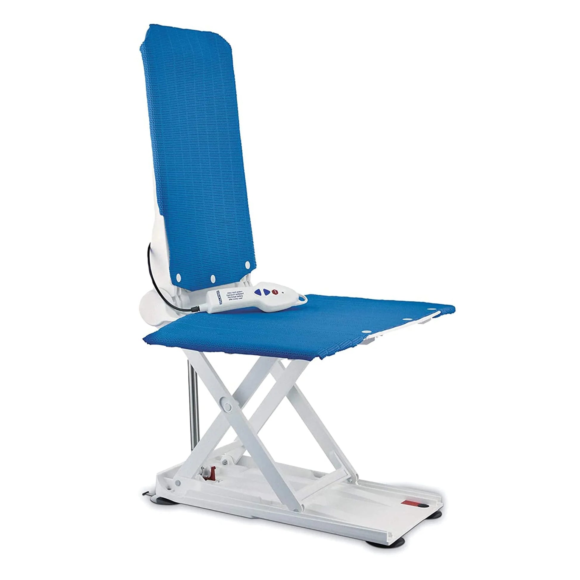 Invacare Aquatec Orca reclining bath lift in upright position with blue seat and backrest