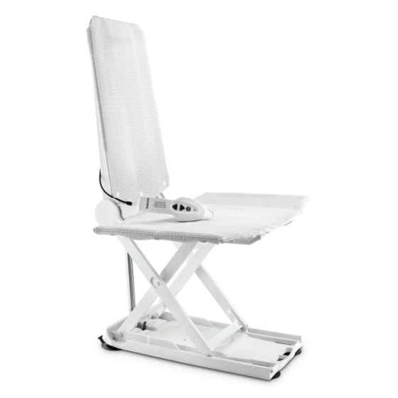 Invacare Aquatec Orca reclining bath lift in upright position with white seat and backrest