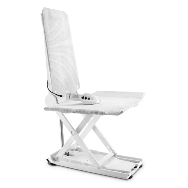 Invacare Aquatec Orca reclining bath lift in upright position with white seat and backrest
