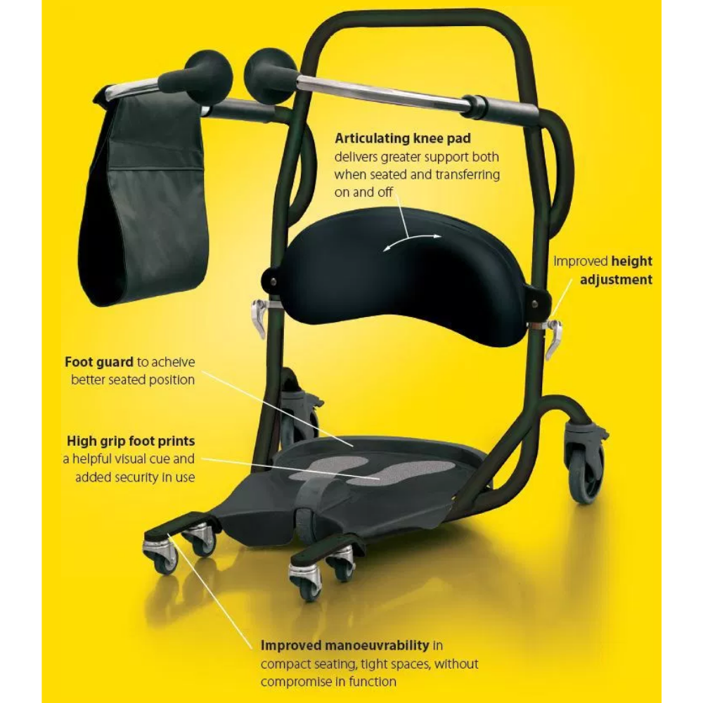 Side view showing the foot guard and swivel castors of the Cricket Stand Aid Transfer Assist 2