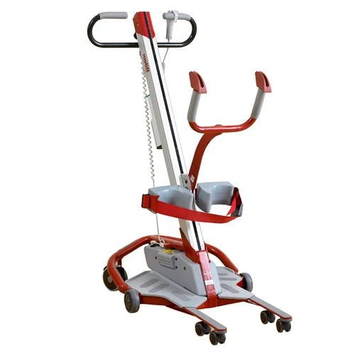 Molift Quick Raiser 1 full view – sit-to-stand hoist showing lifting mast, adjustable legs, and wheels, ready for patient transfer.
