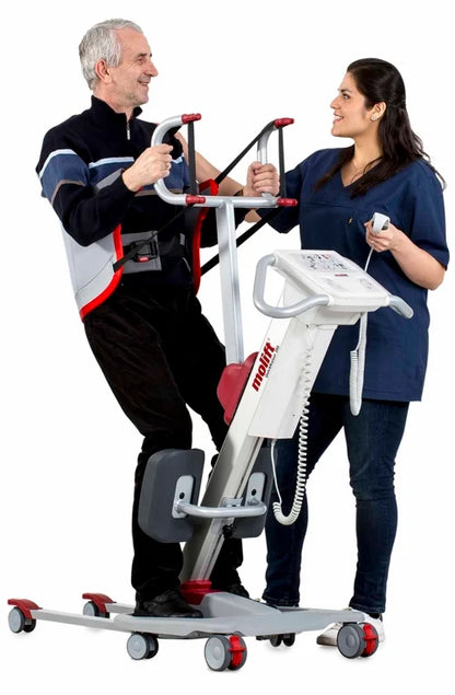 Molift Quick Raiser 205 full view – sit-to-stand hoist showing lifting mast, adjustable legs, and wheels, ready for patient transfer.