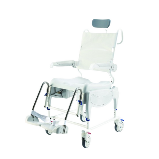 Invacare Ocean VIP Tilt and Recline Shower Chair Commode with padded seat and high backrest.