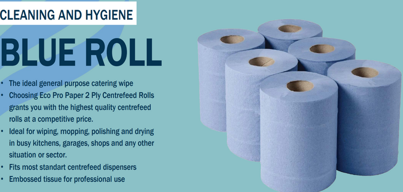 2 Ply Blue Roll Embossed Packed in Cases of 6 Rolls