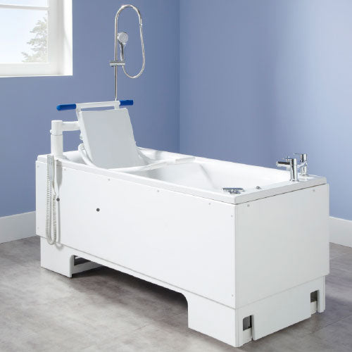 Excel 600 height adjustable bath front view with detachable powered swing seat and transporter