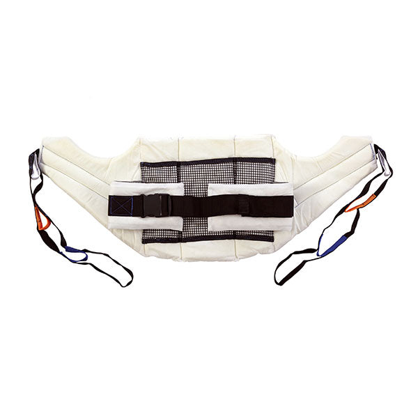 Close-up of Oxford Comfort Disposable Sling, highlighting colour-coded binding and Securi3 clip points for secure lift attachment.